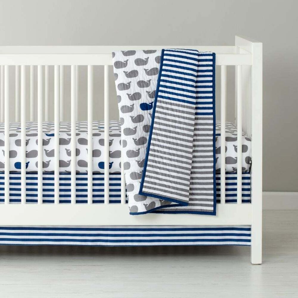 The Land Of Nod Crib Sheet Set Make a Splash Whales Blue Gray Fitted Skirt Quilt